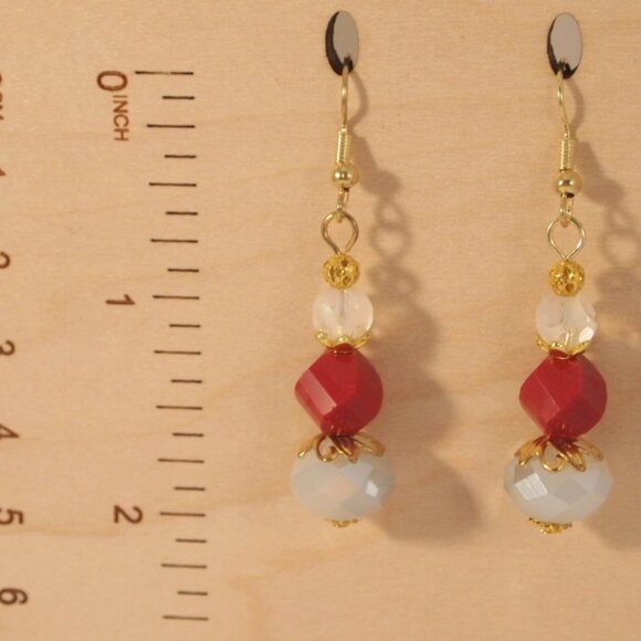 Faceted Glass Earrings Red and Grey Dangle Pierced or Clip-on Earrings - Picture 3 of 8